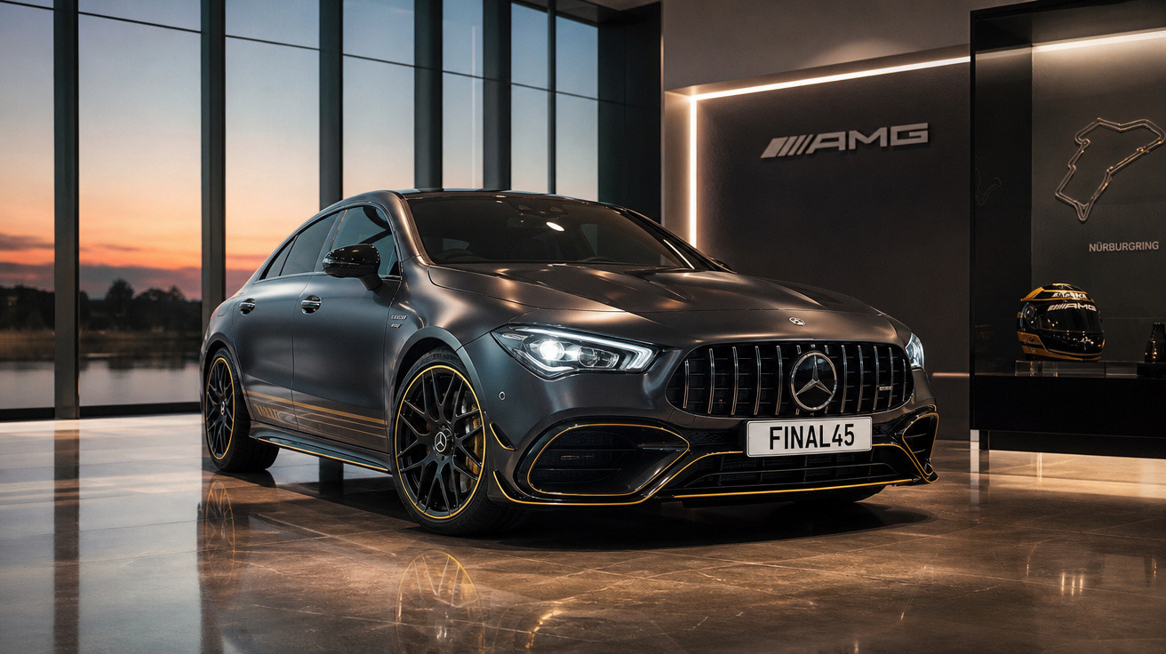 Carro esportivo Mercedes-Benz AMG preto em showroom moderno com iluminação ambiente e pôr do sol ao fundo.