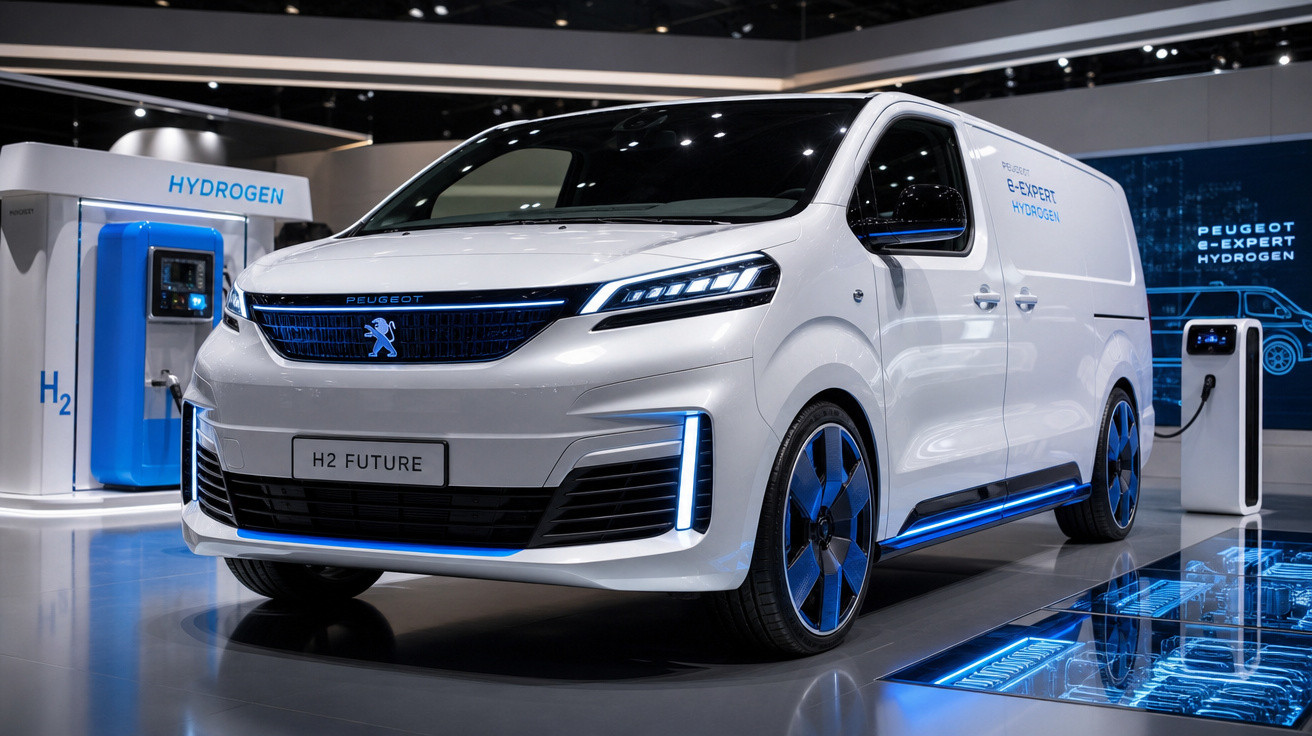 Van Peugeot elétrica branca com detalhes azuis em exposição ao lado de estação de reabastecimento de hidrogênio.