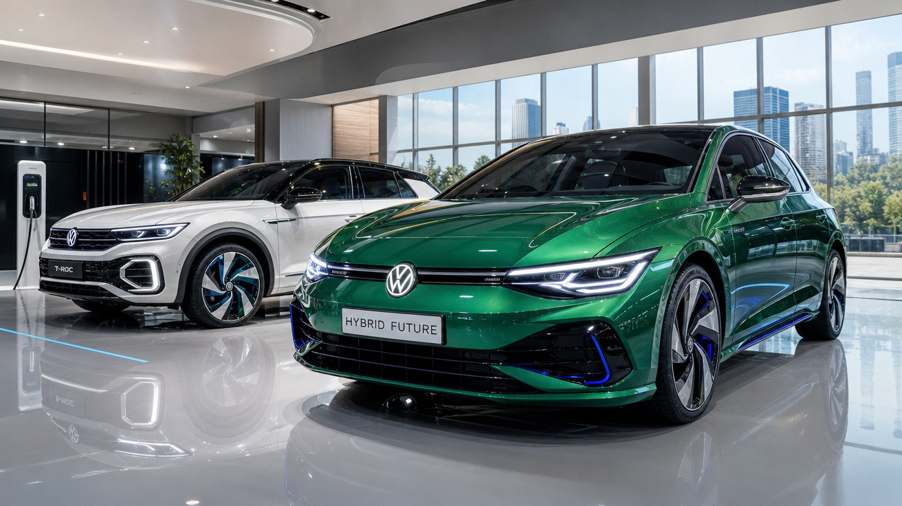 Carros Volkswagen híbridos verde e branco expostos em showroom moderno com vista para prédios urbanos.