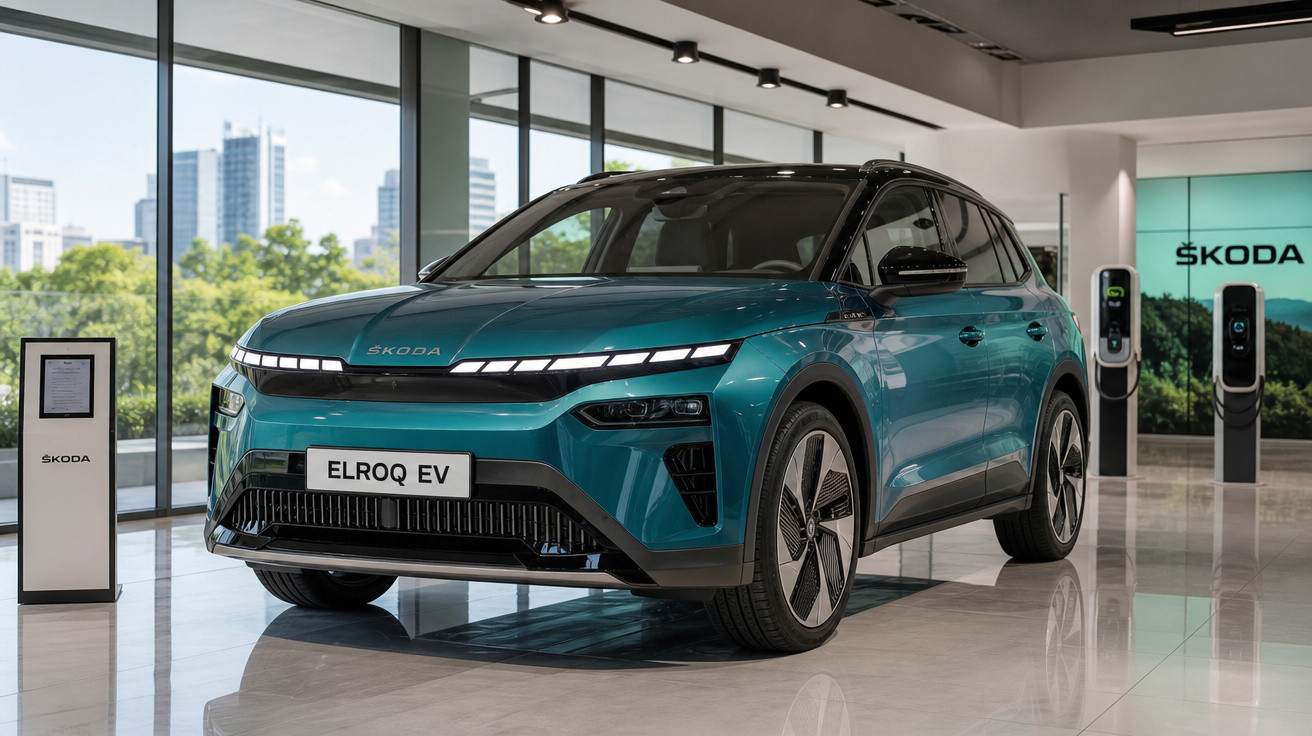 Carro elétrico Škoda Elroq EV azul exibido em salão moderno com carregadores ao fundo.