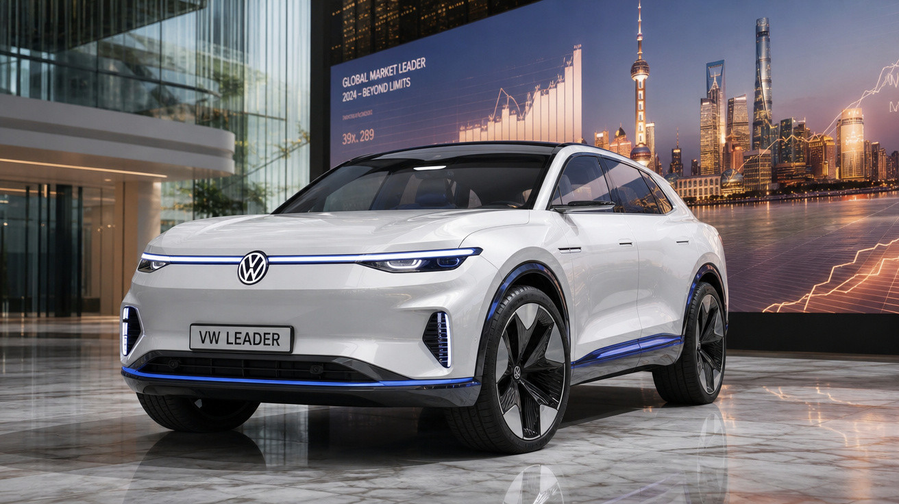 Carro elétrico Volkswagen branco exposto em salão moderno com painel digital ao fundo.