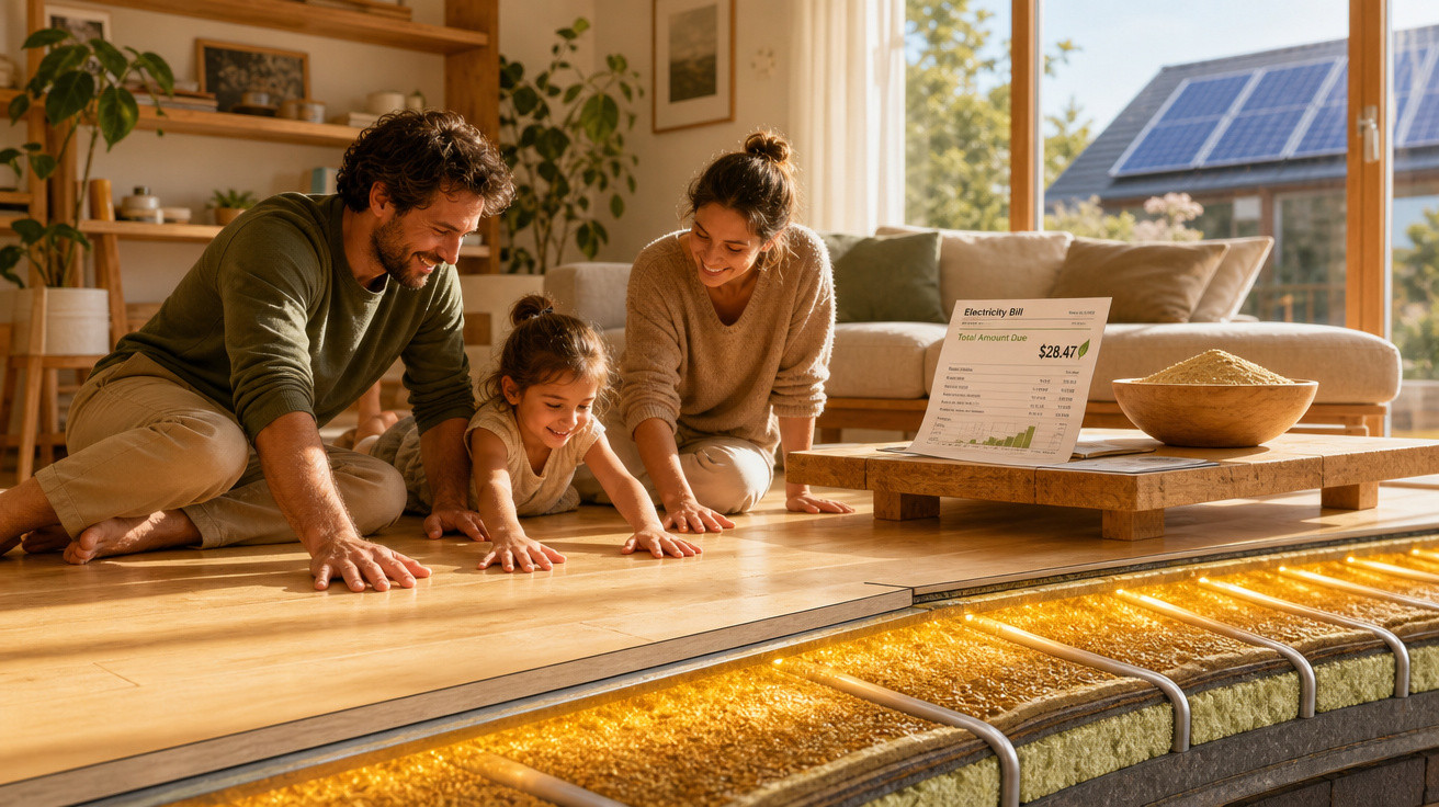 Família feliz com criança no chão de casa, destacando sistema de aquecimento sustentável e conta de luz.
