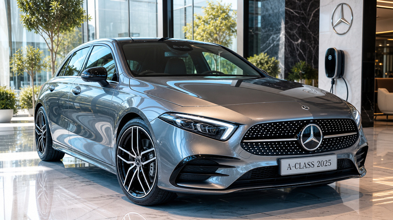 Carro Mercedes-Benz A-Class 2025 prateado em showroom moderno com piso refletivo e plantas decorativas.