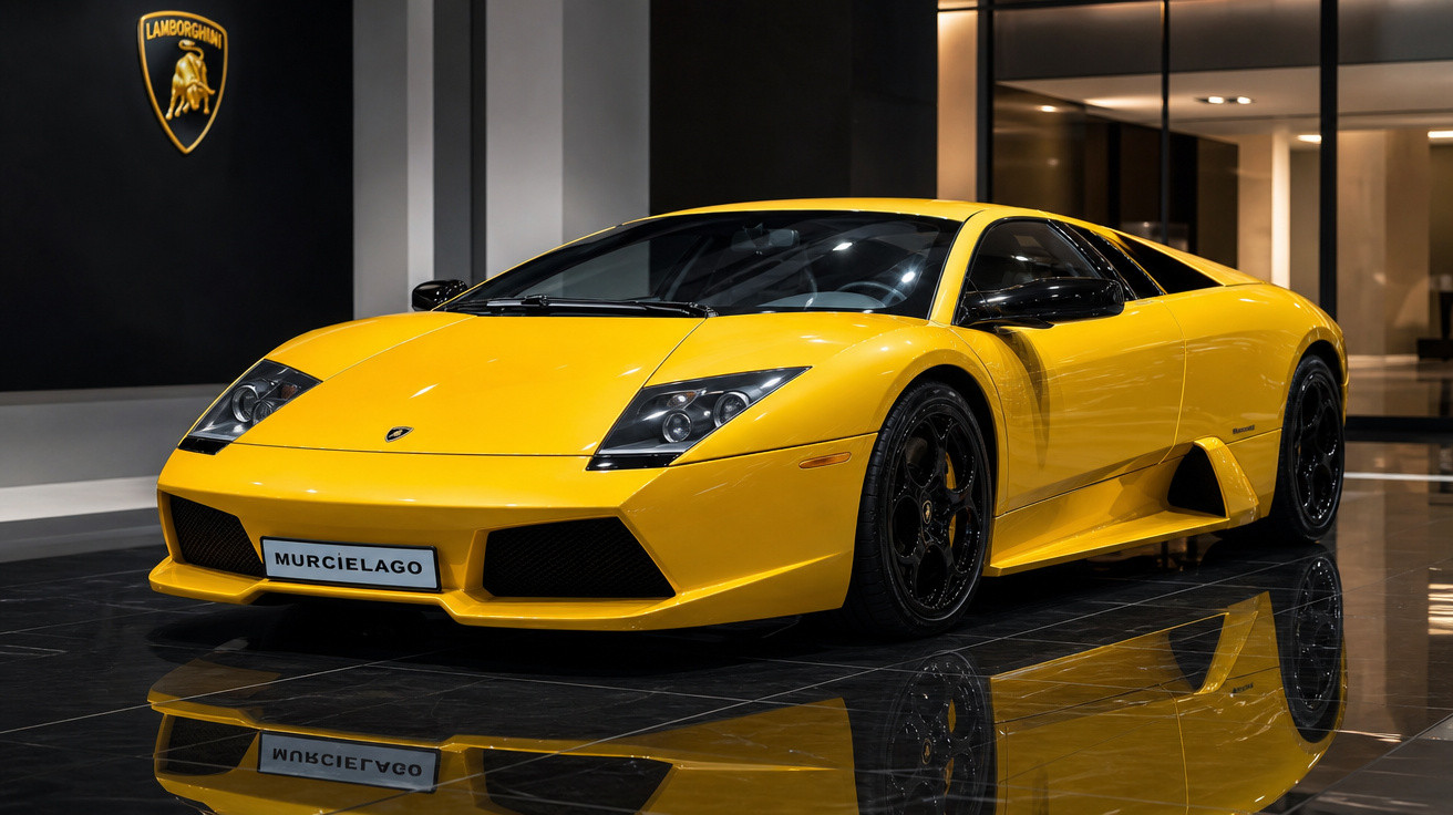 Carro esportivo Lamborghini Murciélago amarelo em exposição interna refletido no chão preto brilhante.