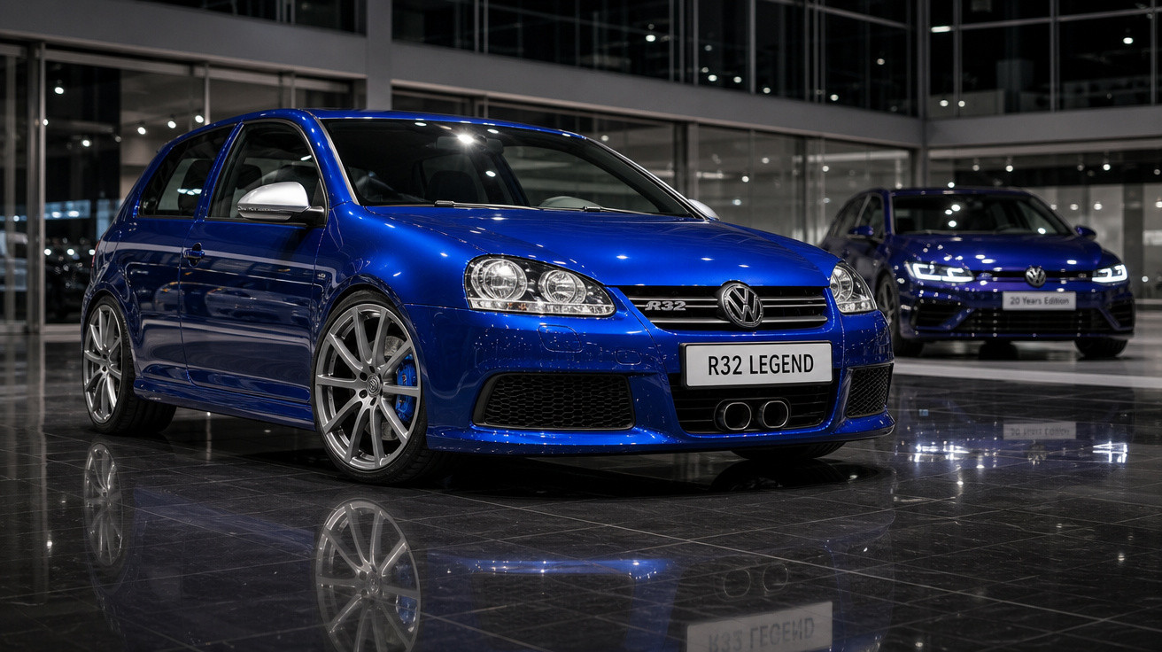 Carro azul Volkswagen Golf R32 Legend estacionado em piso brilhante dentro de showroom moderno.