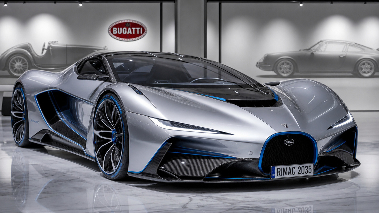 Carro esportivo elétrico Rimac 2035 prata com detalhes azuis em exposição sob luz interna.