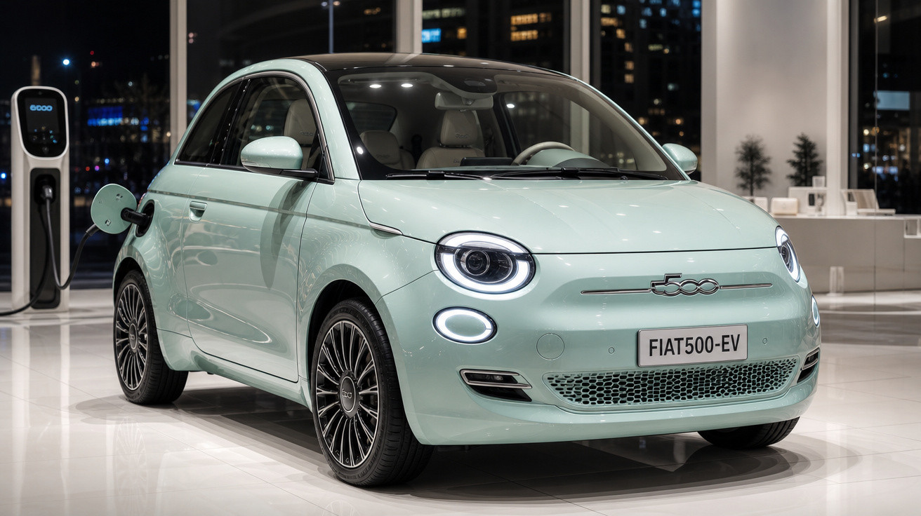 Carro elétrico Fiat 500 EV verde claro conectado a carregador em showroom moderno à noite.