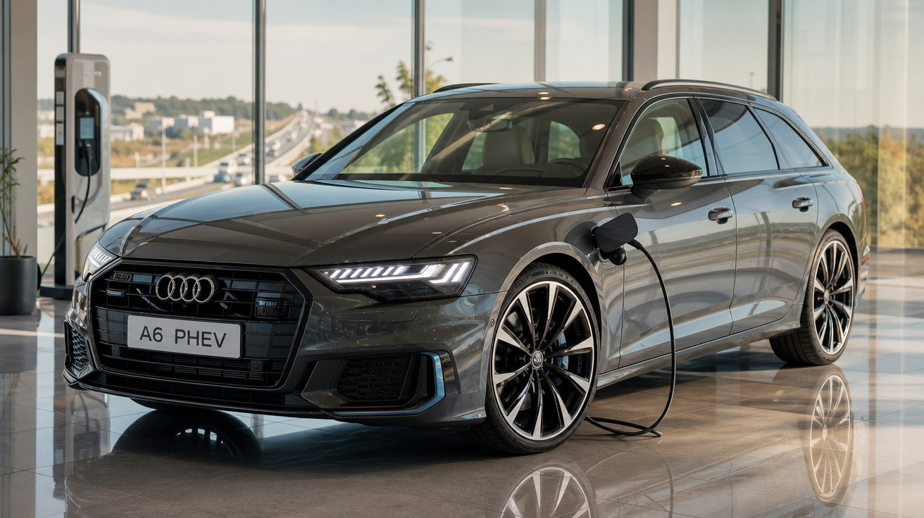 Carro elétrico Audi A6 PHEV cinza carregando em estação de recarga dentro de showroom moderno.