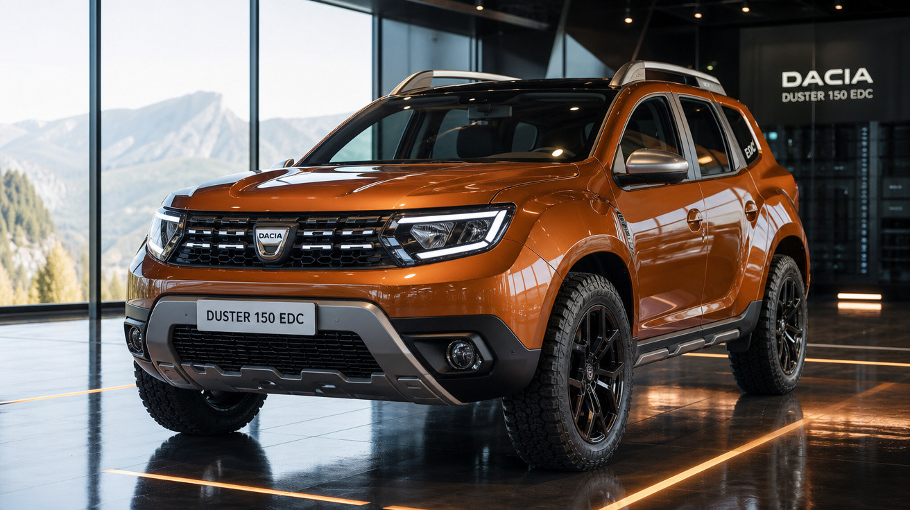 Carro SUV Dacia Duster 150 EDC laranja em exposição dentro de showroom com montanhas ao fundo.