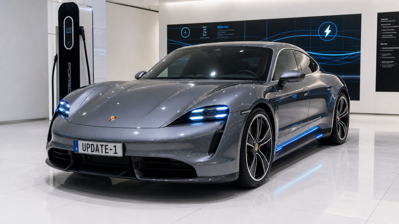 Carro elétrico esportivo Porsche Taycan cinza exibido em showroom com estação de recarga ao fundo.