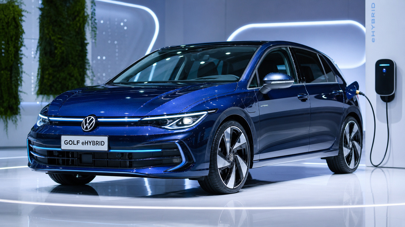 Carro Volkswagen Golf eHybrid azul estacionado em área iluminada, conectado à estação de recarga elétrica.