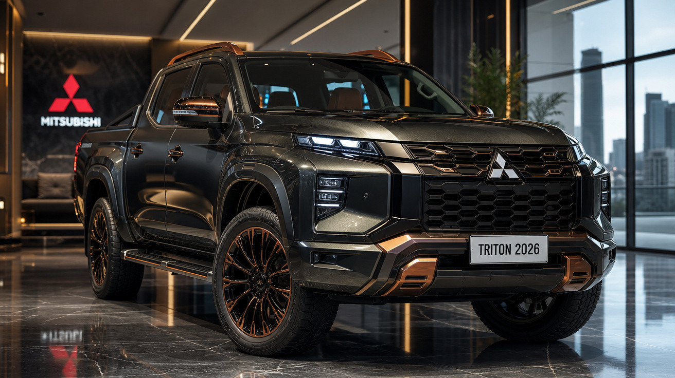 Picape Mitsubishi Triton 2026 preta exibida em showroom moderno com logo da marca no fundo.