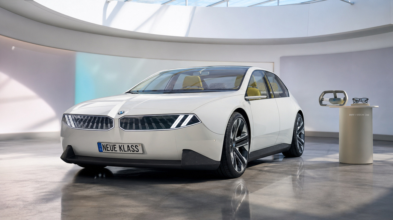 Carro conceito BMW branco estacionado em ambiente moderno com iluminação natural suave.