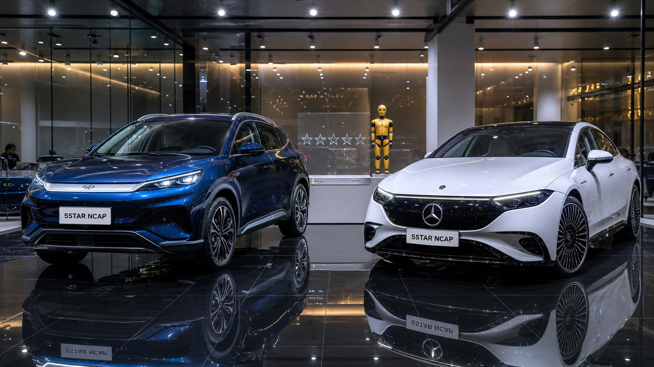 Carro azul SUV e carro branco sedan em exibição com manequim dourado e placa 5STAR NCAP.