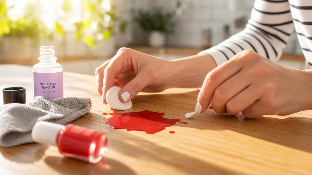Pessoa limpando esmalte vermelho derramado em mesa de madeira com algodão e removedor de esmalte.
