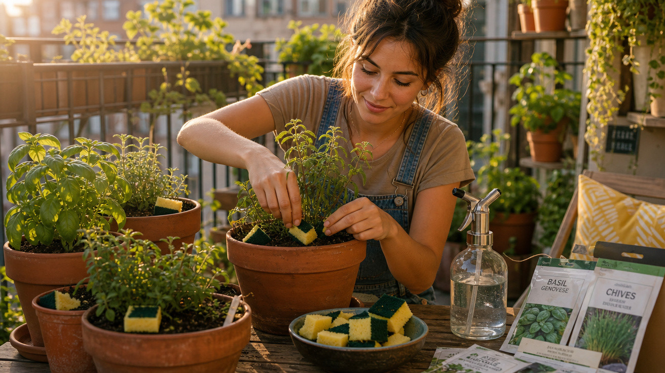 Mulher regando plantas em vasos com esponjas e borrifador ao pôr do sol na varanda.
