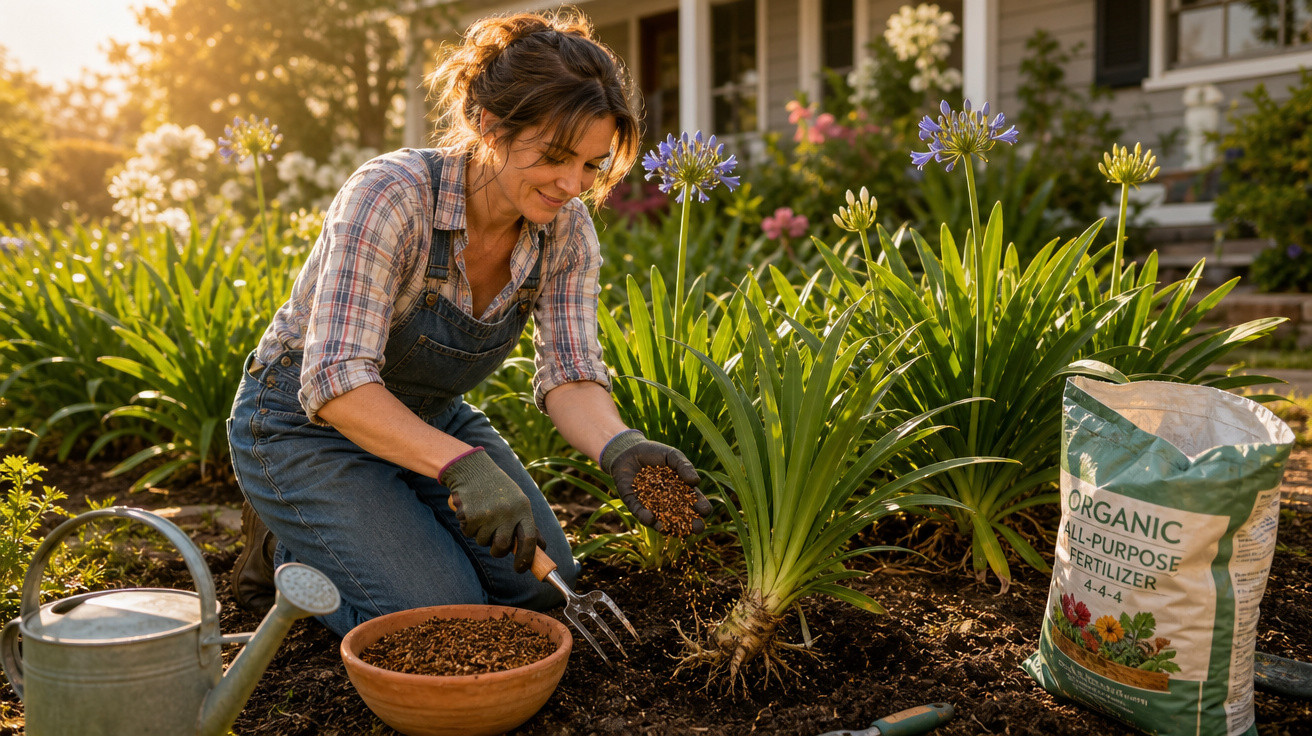 Mulher cuidando do jardim, fertilizando plantas em vaso, com regador e saco de fertilizante ao lado.