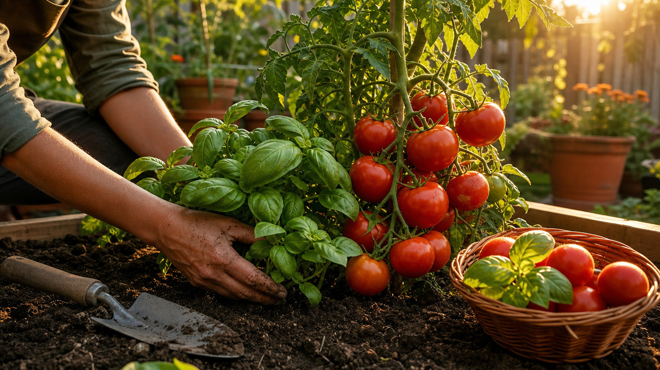 Pessoa cuidadosa plantando manjericão ao lado de pés de tomate maduros em um jardim ensolarado.