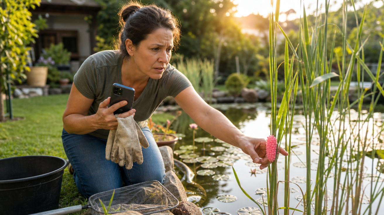 Mulher examinando plantação aquática segura celular e luva enquanto toca planta perto de lagoa em jardim ao entardecer.