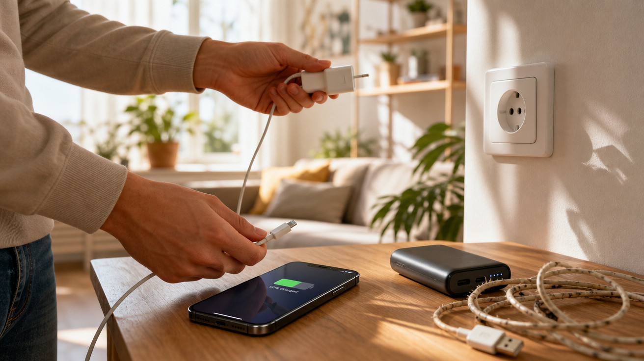 Pessoa conectando cabo para carregar celular sobre mesa com power bank e tomada na parede.