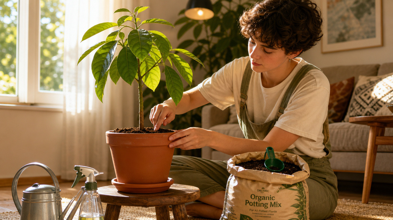 Pessoa cuidando de planta em vaso dentro de casa com saco de terra orgânica ao lado.