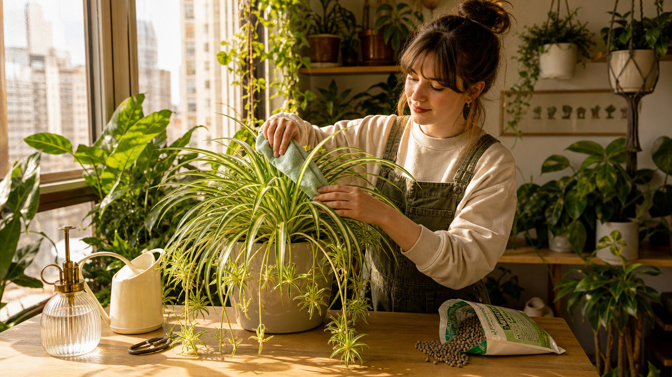Mulher cuidando de planta em vaso grande dentro de casa com luz natural e outras plantas ao redor.
