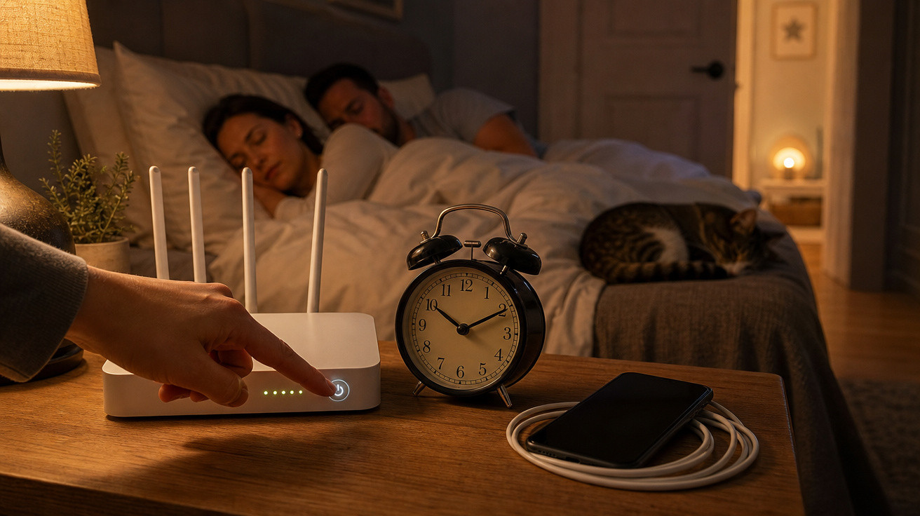 Pessoa desligando roteador na mesa ao lado de casal dormindo e gato no pé da cama à noite.