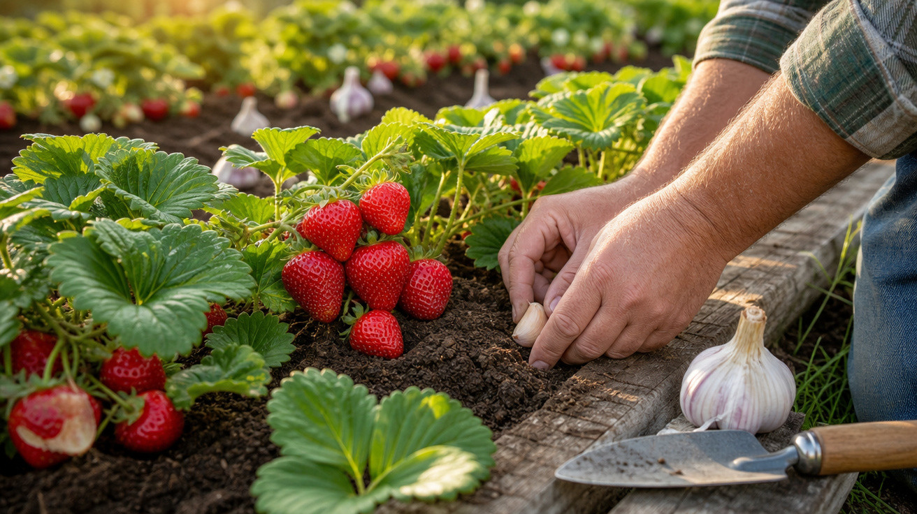 Mãos plantando dentes de alho em canteiro próximo a morangos maduros em cultivo ao ar livre.