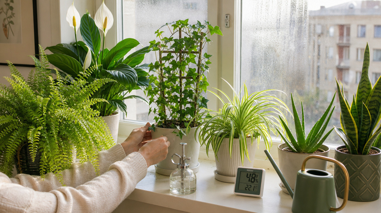 Pessoa cuidando de plantas em vasos sobre o parapeito de uma janela com regador e medidor de umidade.