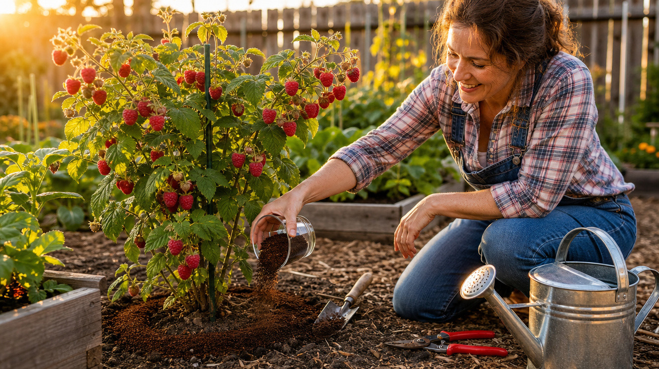 Mulher sorridente regando planta de framboesa em jardim ao pôr do sol, cercada de ferramentas de jardinagem.