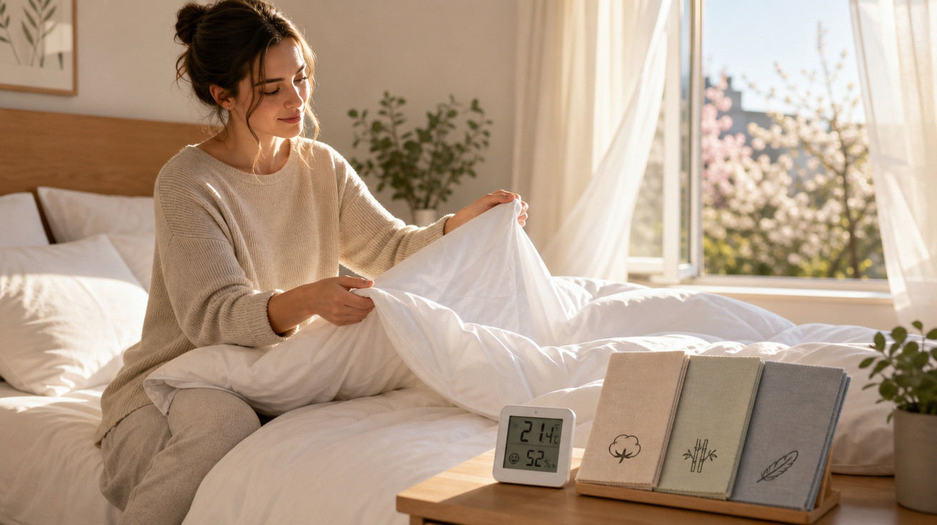 Mulher ajeitando roupa de cama em quarto iluminado, com plantas, livros e relógio digital na mesa ao lado.