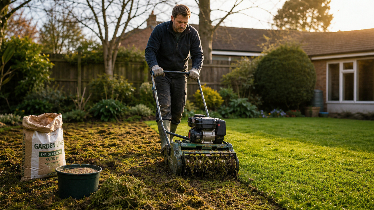 Homem usando máquina para arejar o solo do jardim em área gramada de uma casa.