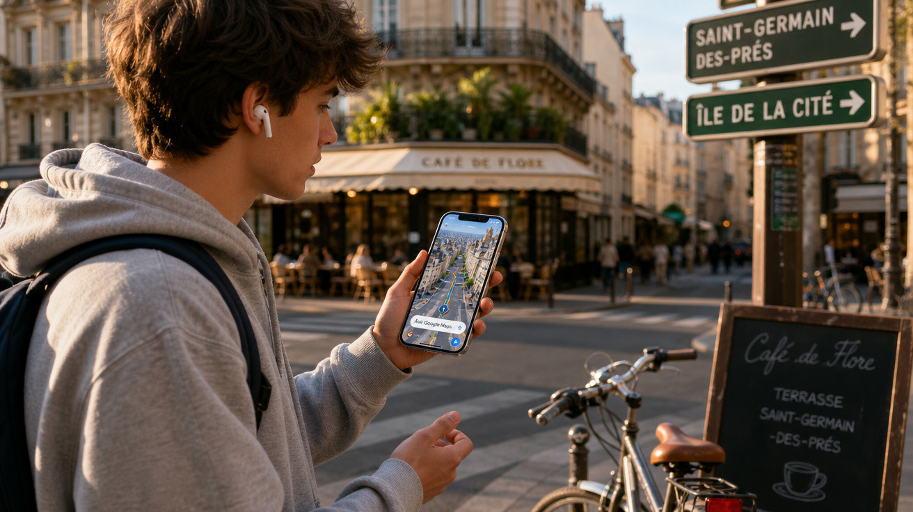 Jovem com fones earbuds usa celular para mapa em rua perto do café de Flore em Paris.