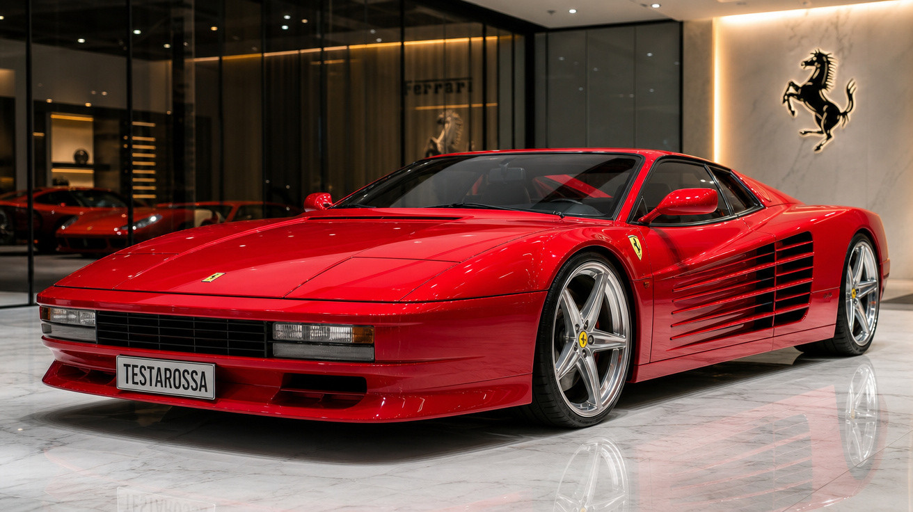 Carro esportivo Ferrari Testarossa vermelho em showroom moderno com logo iluminado da Ferrari na parede.