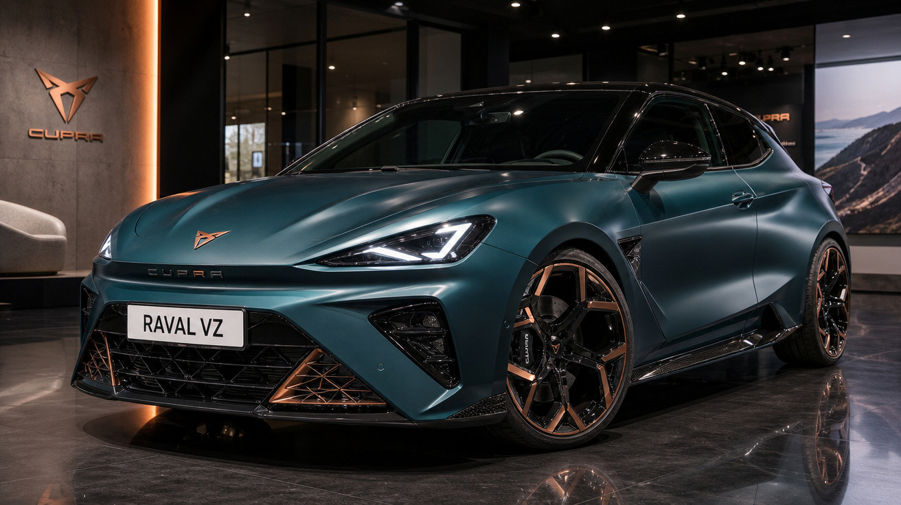 Carro esportivo Cupra Raval VZ verde metálico exibido em showroom moderno.