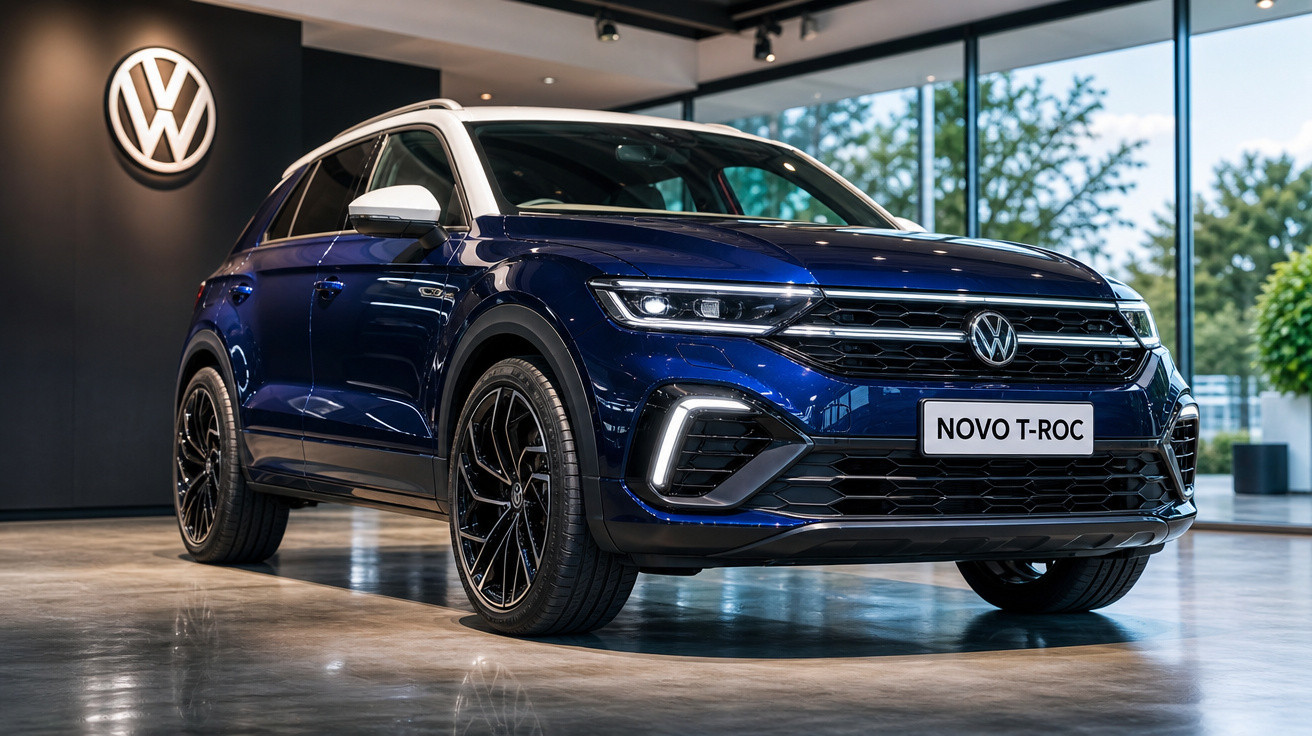 SUV Volkswagen Novo T-Roc azul escuro exibido em showroom moderno com logo da marca ao fundo.