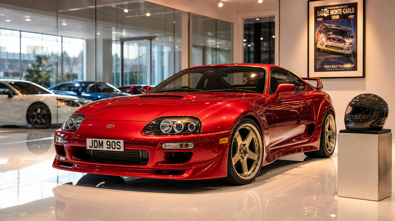 Carro esportivo vermelho Toyota Supra em exposição, com capacete preto ao lado e quadro na parede.