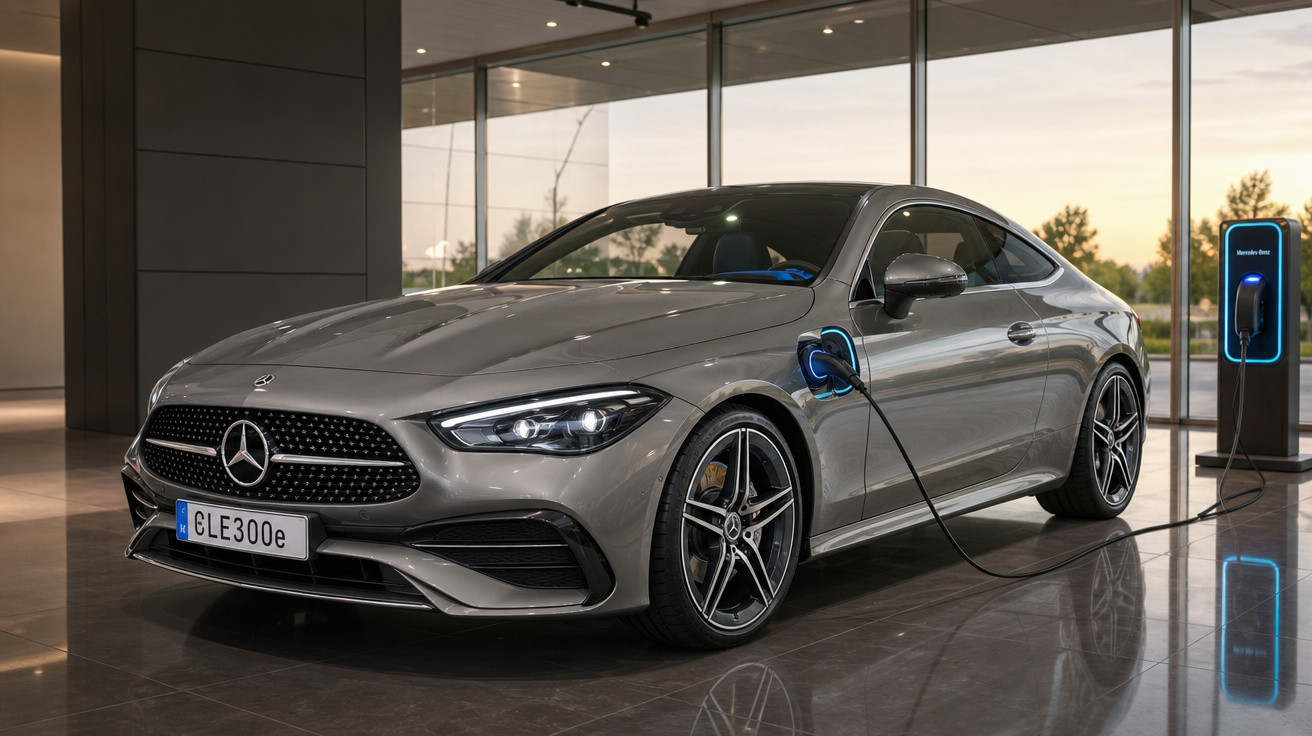 Carro Mercedes-Benz cinza plugado em estação de recarga elétrica dentro de showroom moderno.