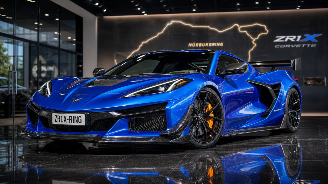 Carro esportivo azul Corvette ZR1X com detalhes em preto e freios laranja em showroom moderno.