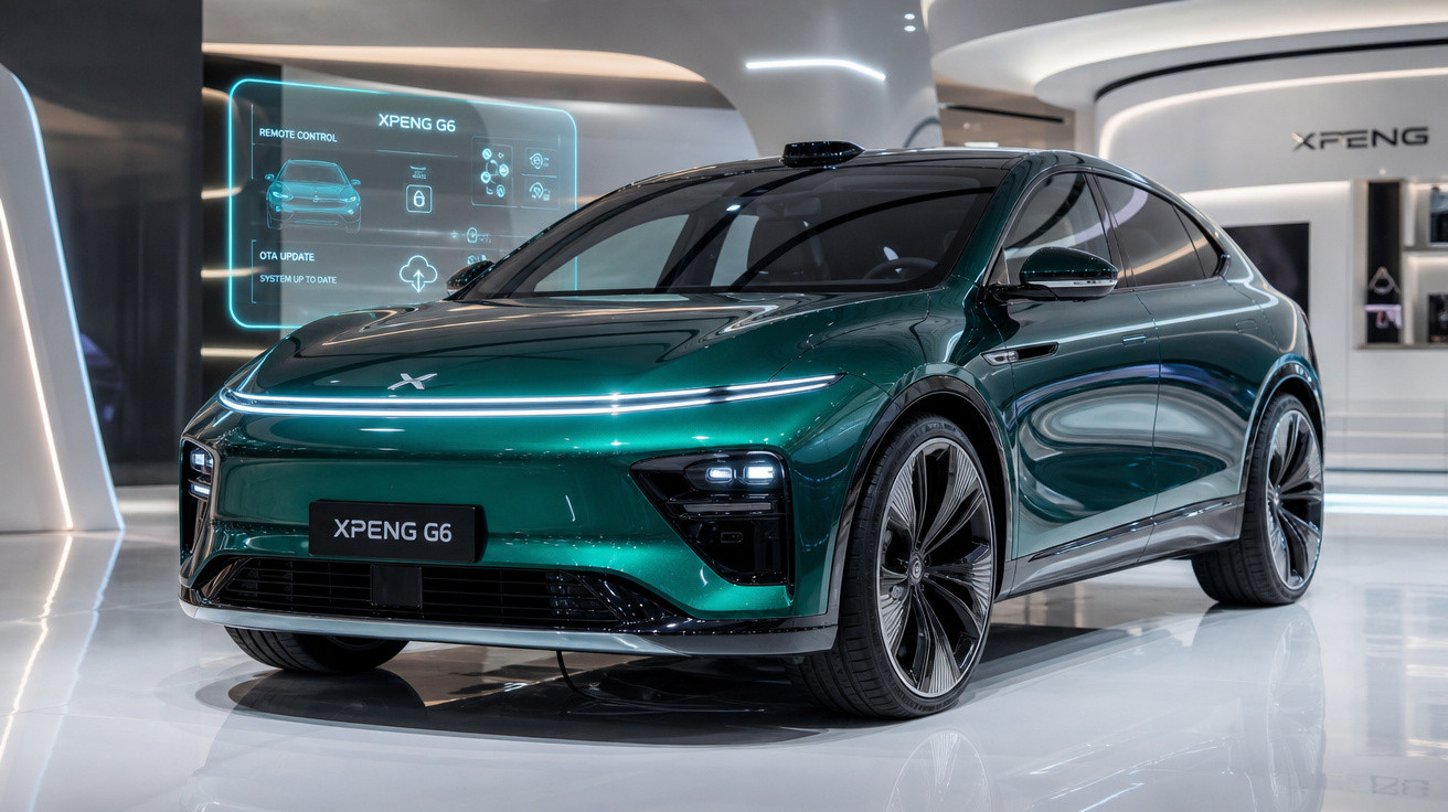 Carro elétrico verde XPENG G6 em exposição com design moderno e faróis de LED finos.
