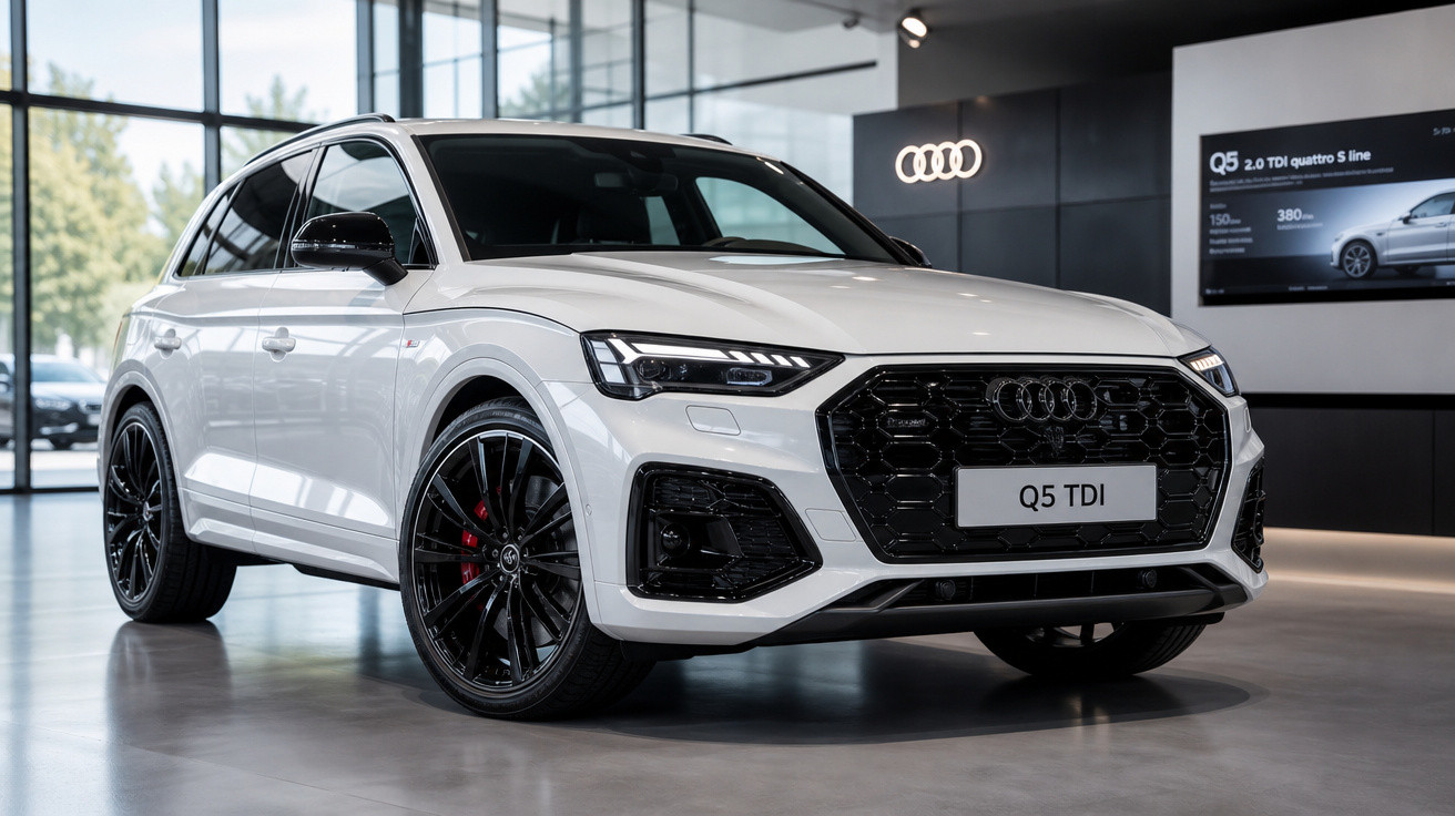 Audi Q5 TDI branco estacionado em showroom moderno com grandes janelas de vidro.