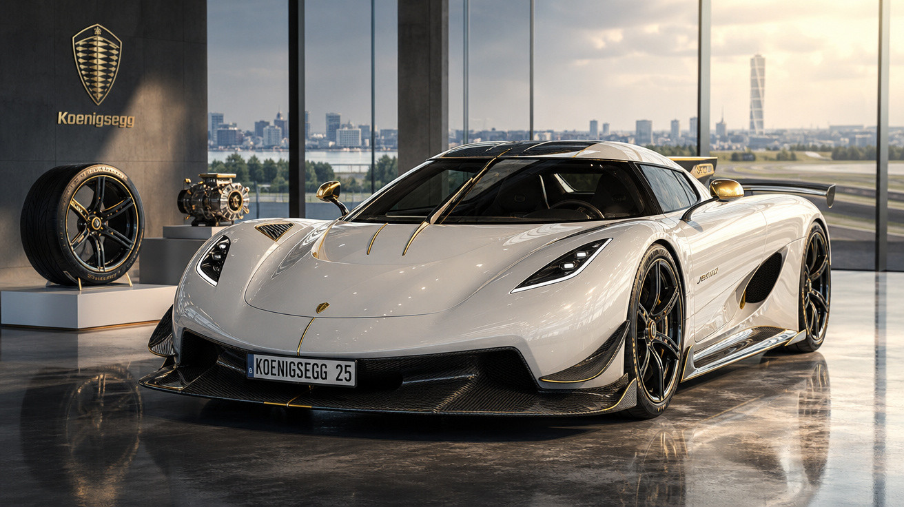 Carro esportivo Koenigsegg branco exposto em showroom moderno com vista urbana ao fundo.