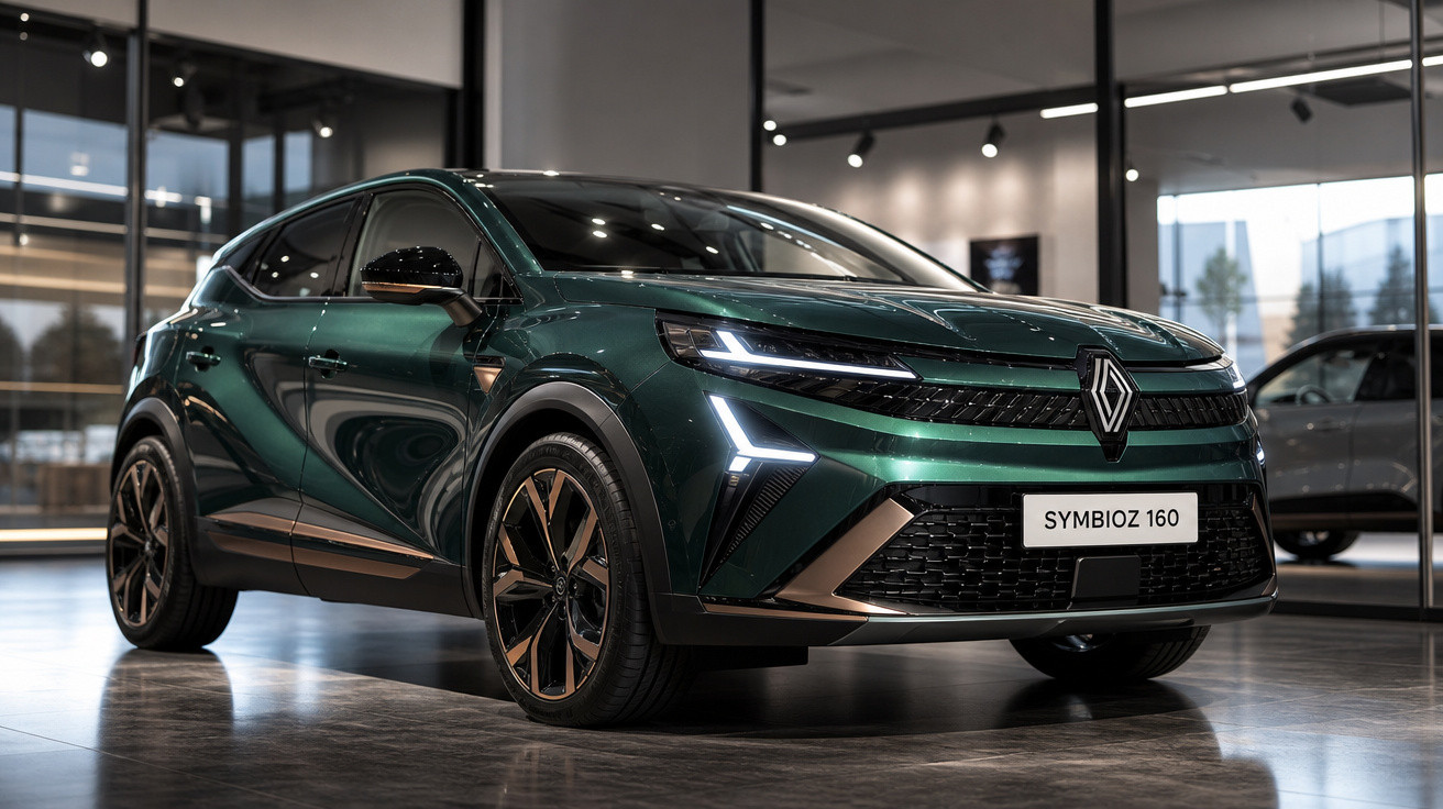 Carro Renault Symbioz 160 verde, com faróis de LED, exposto em showroom moderno com piso refletivo.