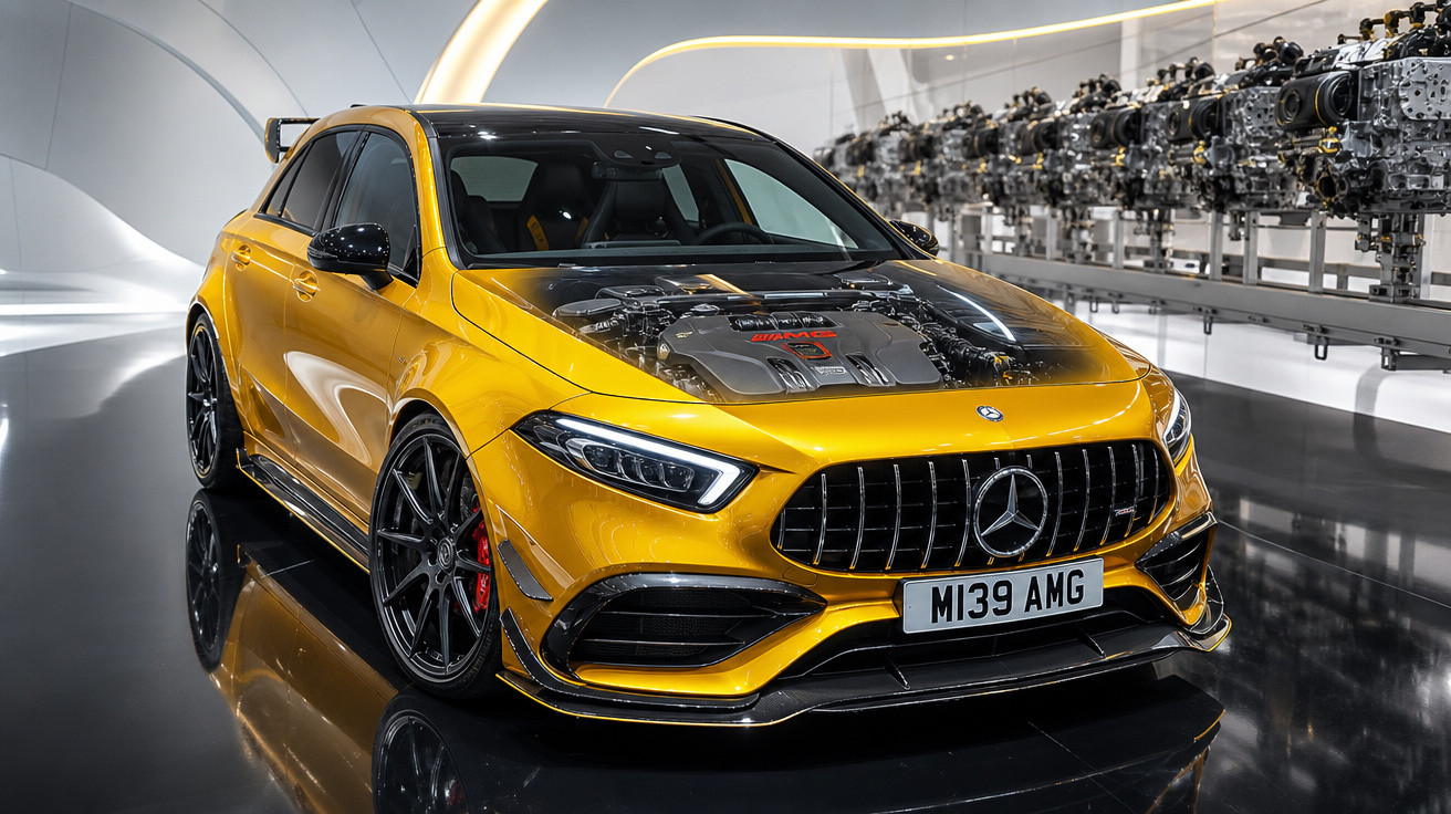 Carro esportivo Mercedes amarelo com capô transparente mostrando motor exposto em ambiente moderno.