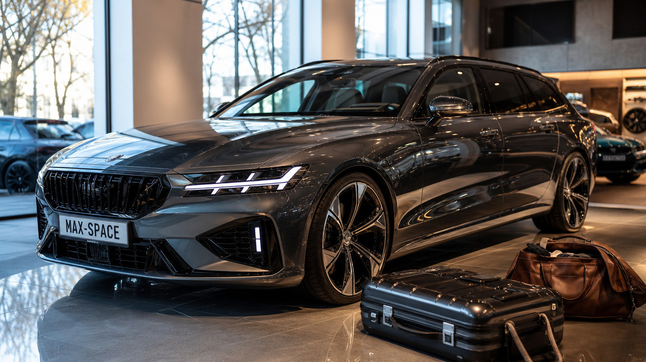 Carro preto elegante estacionado em showroom com mala preta rígida e bolsa marrom ao lado.