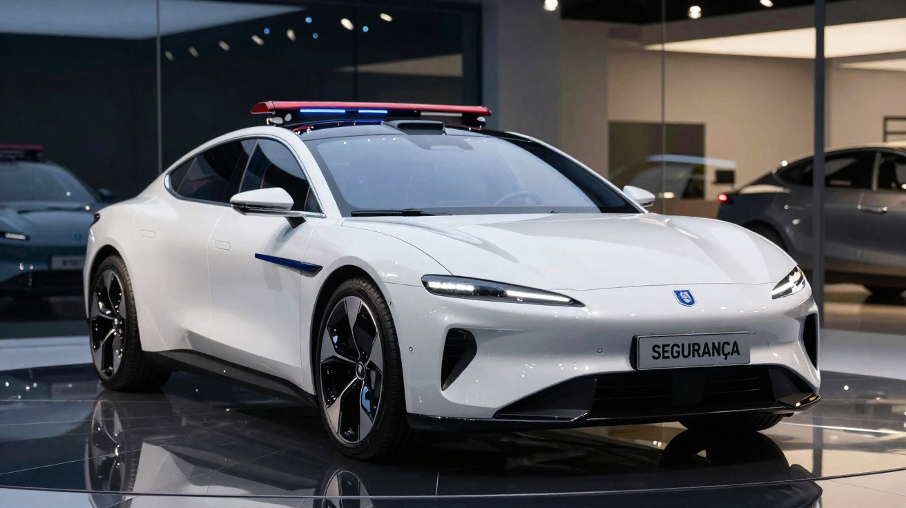 Carro branco moderno de polícia com luzes de sirene azul e vermelha estacionado em ambiente interno.