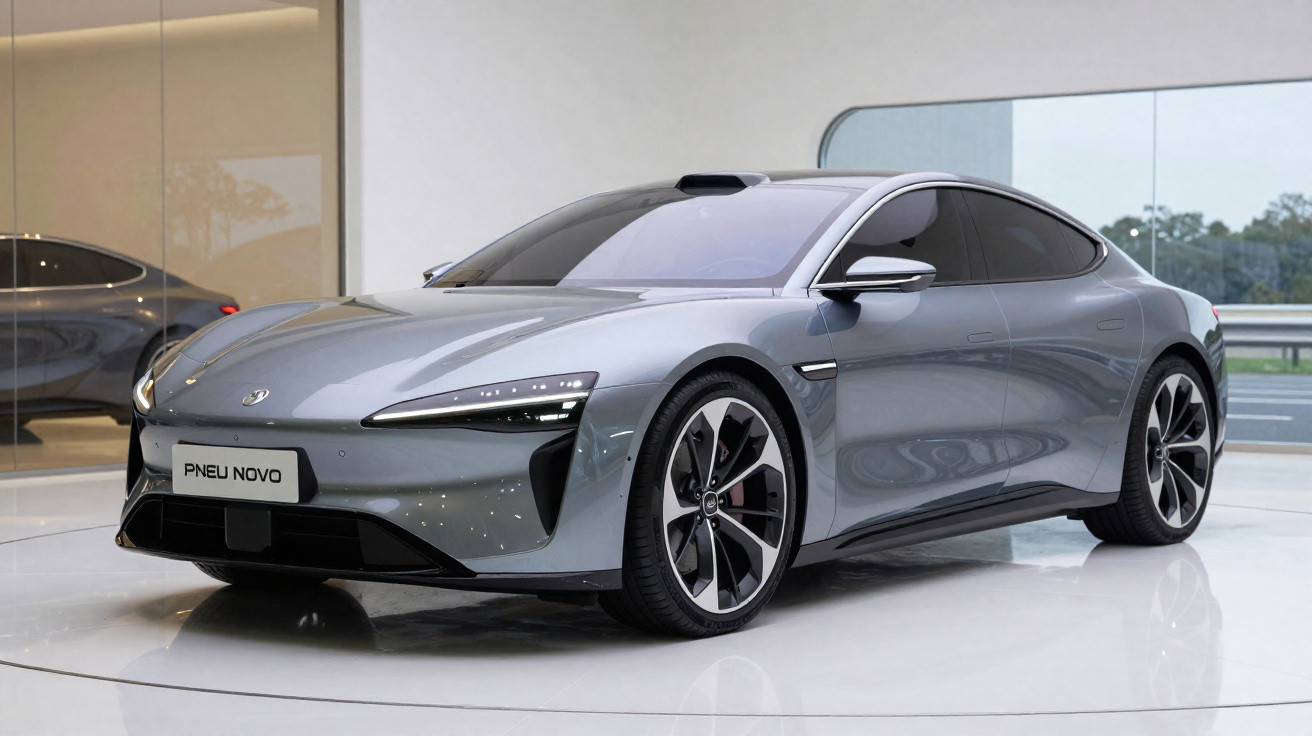 Carro elétrico moderno cinza apresentado em showroom com design aerodinâmico e faróis finos em LED.