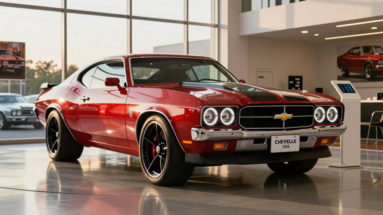 Carro Chevrolet Chevelle 2026 vermelho com faixas pretas exposto em showroom moderno.