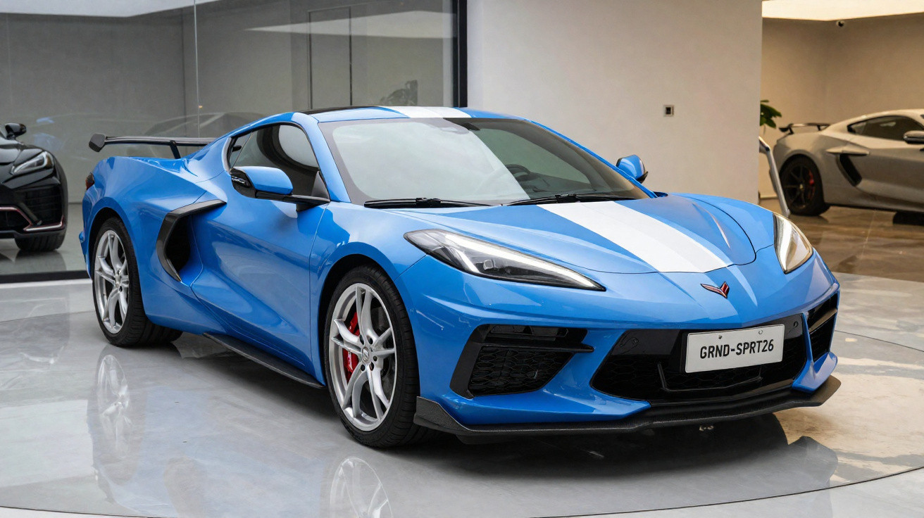 Carro esportivo azul com faixa branca, rodas prata, no interior de uma loja com teto branco e piso brilhante.