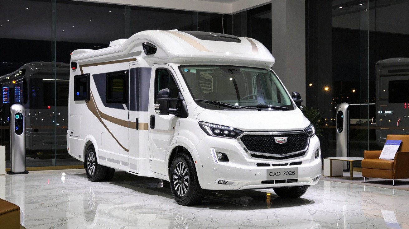 Motorhome branco modelo CADI 2026 exibido em showroom moderno com piso de mármore e iluminação noturna.